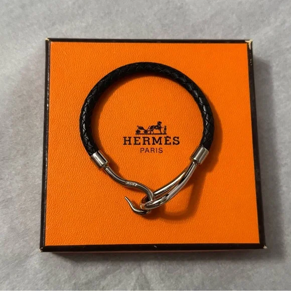 Hermès AUTHENTIC Silver & Black Leather Jumbo Hook Braided Tour Bracelet. - Picture 2 of 16